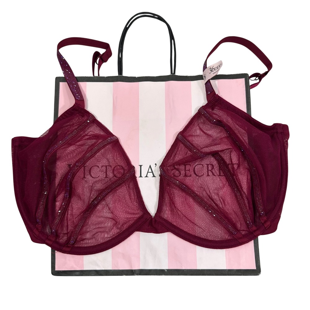 NWT Victoria's Secret Very Sexy Low Cut Demi Bra 36DDD Burgundy Rhinestone Mesh